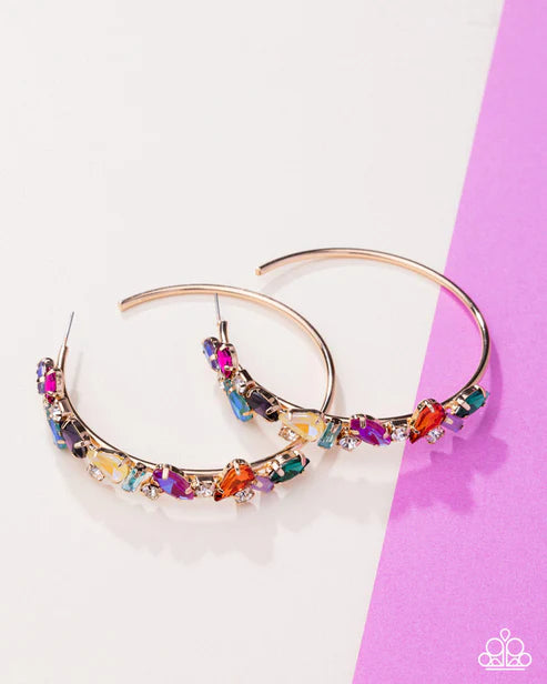 Multicolored Memory Multicolored Rhinestone & Gem 2 1/2 Inch Hoop Earring Paparazzi 2025 Summer Party Pack E2937