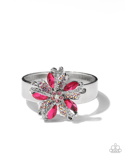 Paparazzi Encased Elite - Pink Gem Silver Flower Hinge Bracelet Life of the Party January 2026