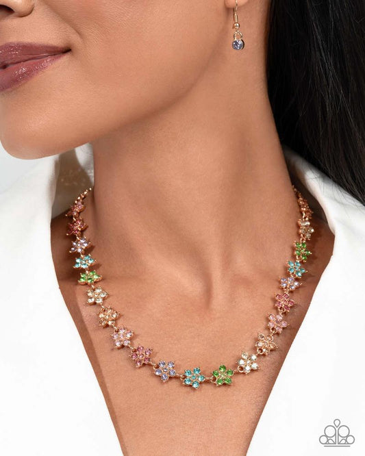 Floral Field - Multi Color Rhinestone Gold Necklace August 2025 Life of the Party Paparazzi