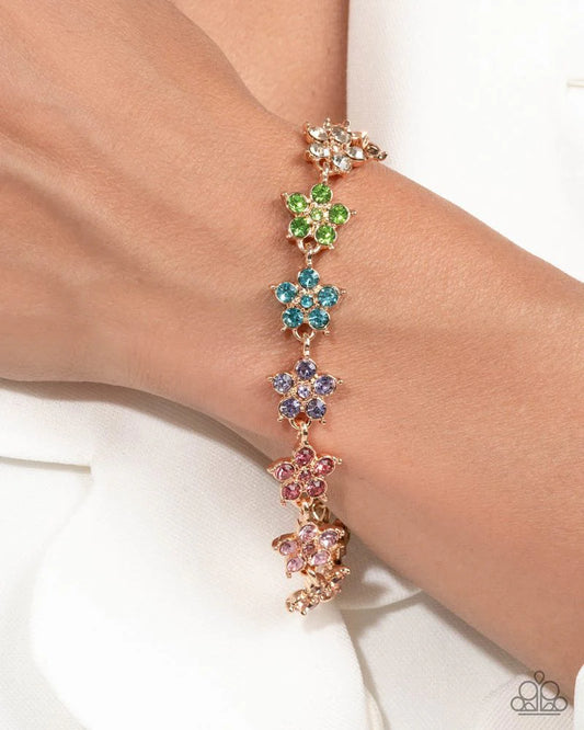 Floral Flatland - Multicolored Floral Rhinestone Bracelet August 2025 Life of the Party Paparazzi