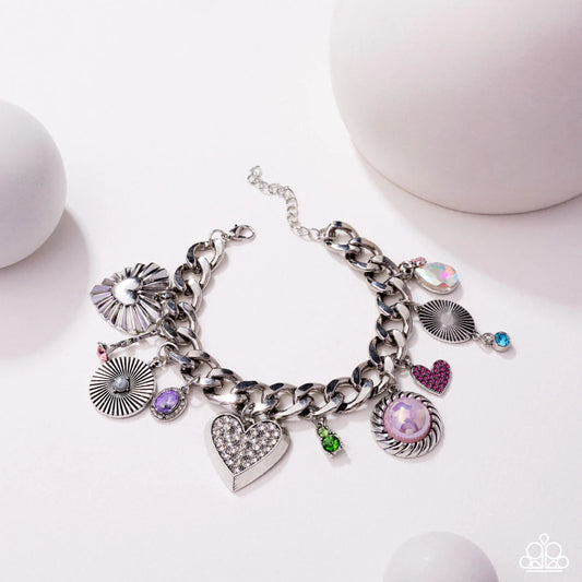Massively Malibu - Multi Iridescent Gem Pink Heart Silver Charm Bracelet August 2025 Life of the Party Paparazzi