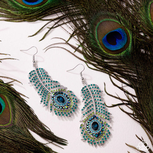 Prized Peacock - Green and Blue Rhinestone Silver Peacock Feather Earrings August 2025 Life of the Party Paparazzi