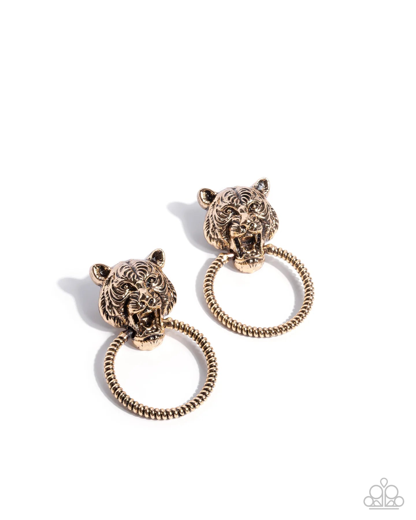 Paparazzi Tangible Tiger - Gold Tiger Door Knocker Earrings June 2026 Life Of The Party