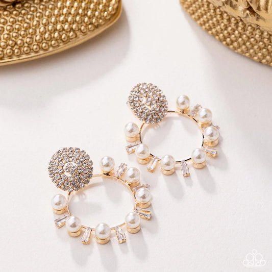 Paparazzi Wistfully Waltzing - Gold White Rhinestone Pearl Post Earrings Life of the Party January 2026