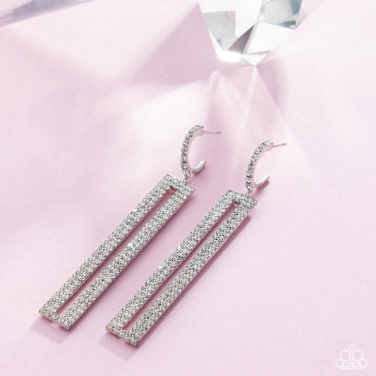 Paparazzi Elongated Ease - White Rhinestone Silver 3/4 Inch Hoop Earrings Life of the Party January 2026