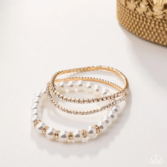 Paparazzi Delicate Debut - Gold White Pearl Rhinestone Stretch Bracelet Life Of The Party January 2026