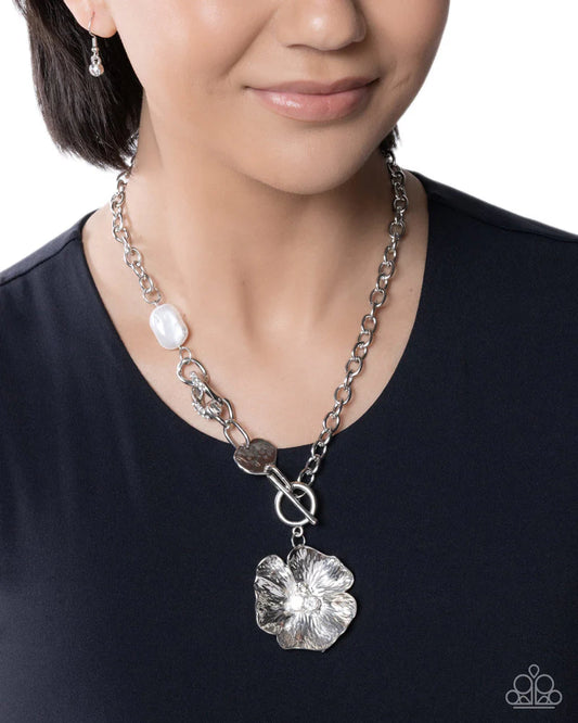 Paparazzi Better Blossom - White Pearl Silver Flower Toggle Necklace April 2026 Customer Appreciation Exclusive N4072