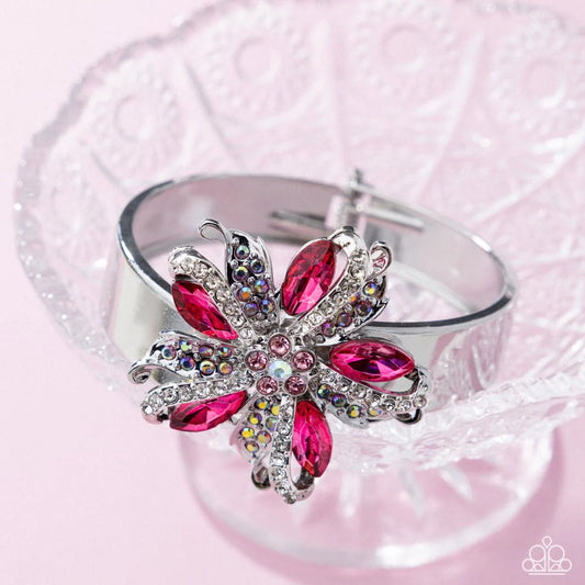 Paparazzi Encased Elite - Pink Gem Silver Flower Hinge Bracelet Life of the Party January 2026