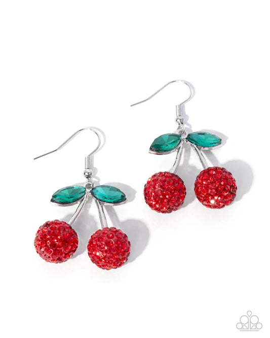 Paparazzi Cherry Contract - Red Rhinestone Silver Cherry Earrings E1920
