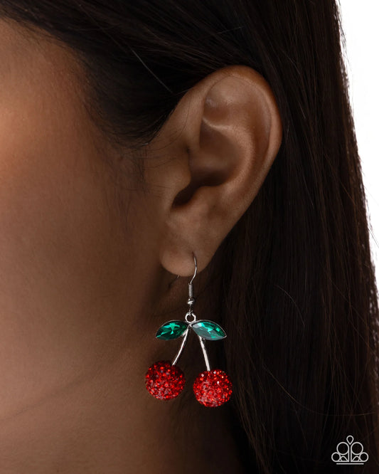 Paparazzi Cherry Contract - Red Rhinestone Silver Cherry Earrings E1920