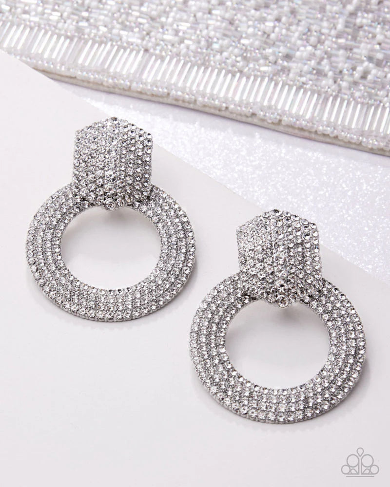 Paparazzi Sparkly Safeguard - White Rhinestone Silver Circle Post Earrings Life Of The Party February 2026 E3331