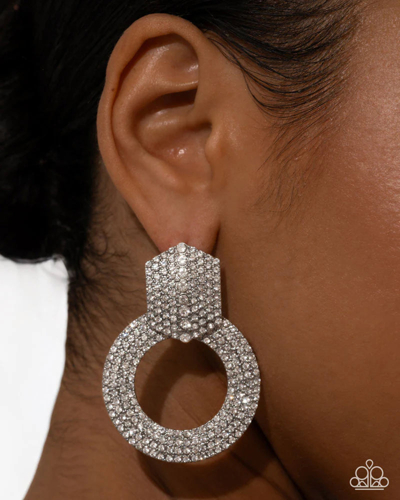 Paparazzi Sparkly Safeguard - White Rhinestone Silver Circle Post Earrings Life Of The Party February 2026 E3331