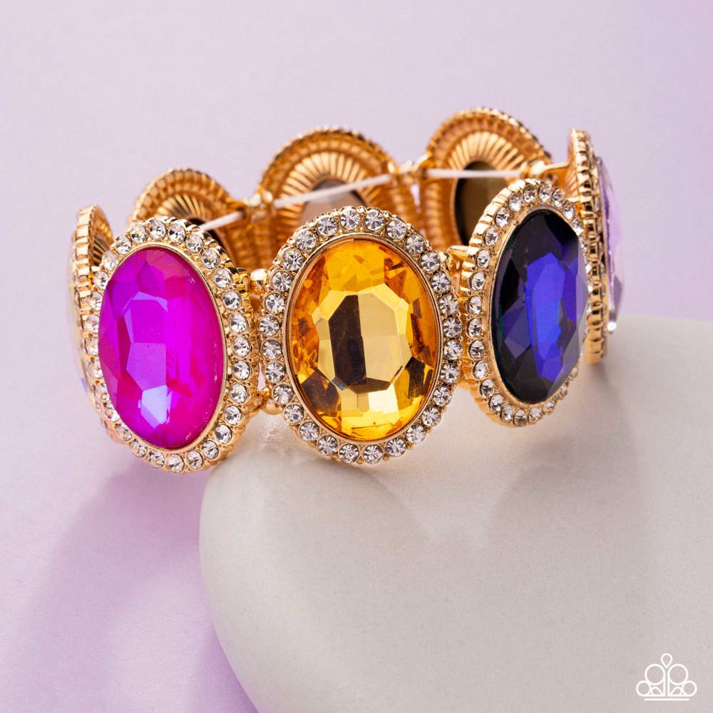 Paparazzi Everyday Elevation - Multi Color Gem Gold Stretch Bracelet Life Of The Party March 2026 B2421