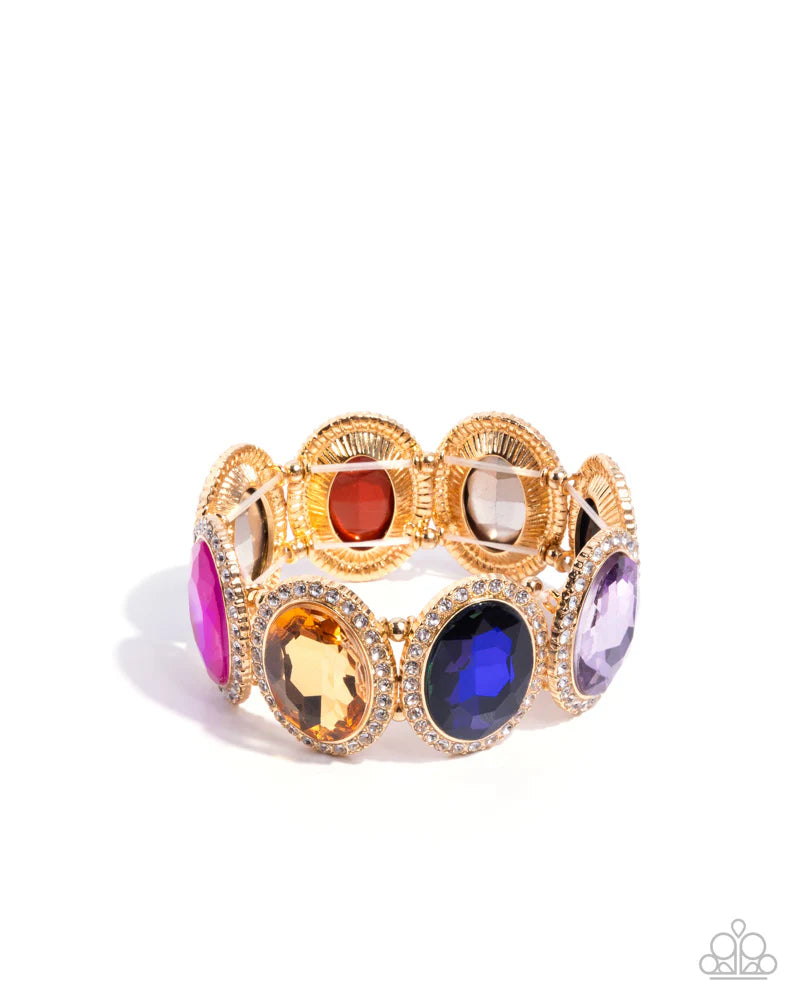 Paparazzi Everyday Elevation - Multi Color Gem Gold Stretch Bracelet Life Of The Party March 2026 B2421