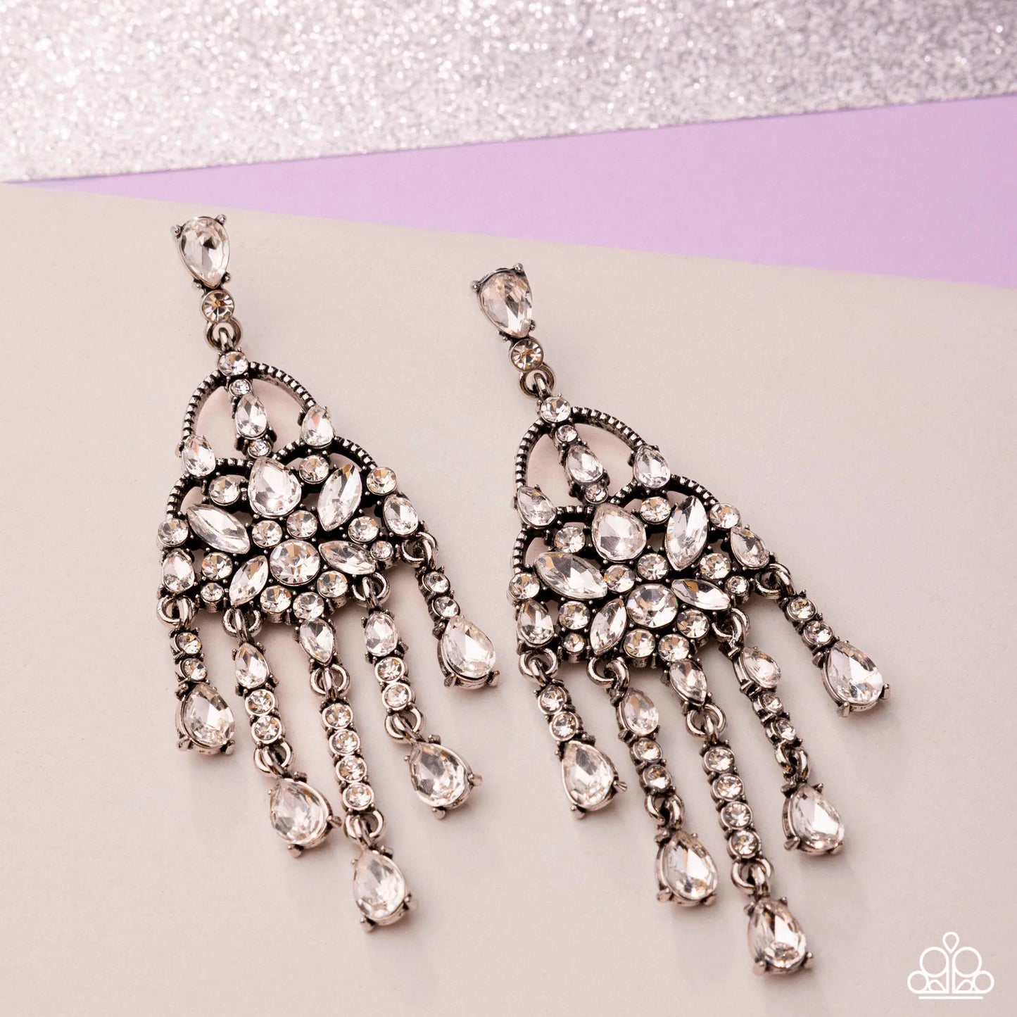 Paparazzi Sparkly Shimmy - White Rhinestone Silver Post Earrings Life of the Party March 2026 E2710