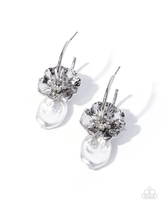 Paparazzi Gentle Grace - White Pearl Silver Flower Hoop Earrings Customer Appreciation Month Exclusive E3474