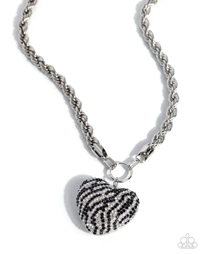 Paparazzi Striped Selfie - Black & White Rhinestone Striped Silver Heart Necklace April 2026 Life of the Party N3818