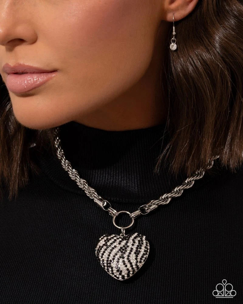 Paparazzi Striped Selfie - Black & White Rhinestone Striped Silver Heart Necklace April 2026 Life of the Party N3818