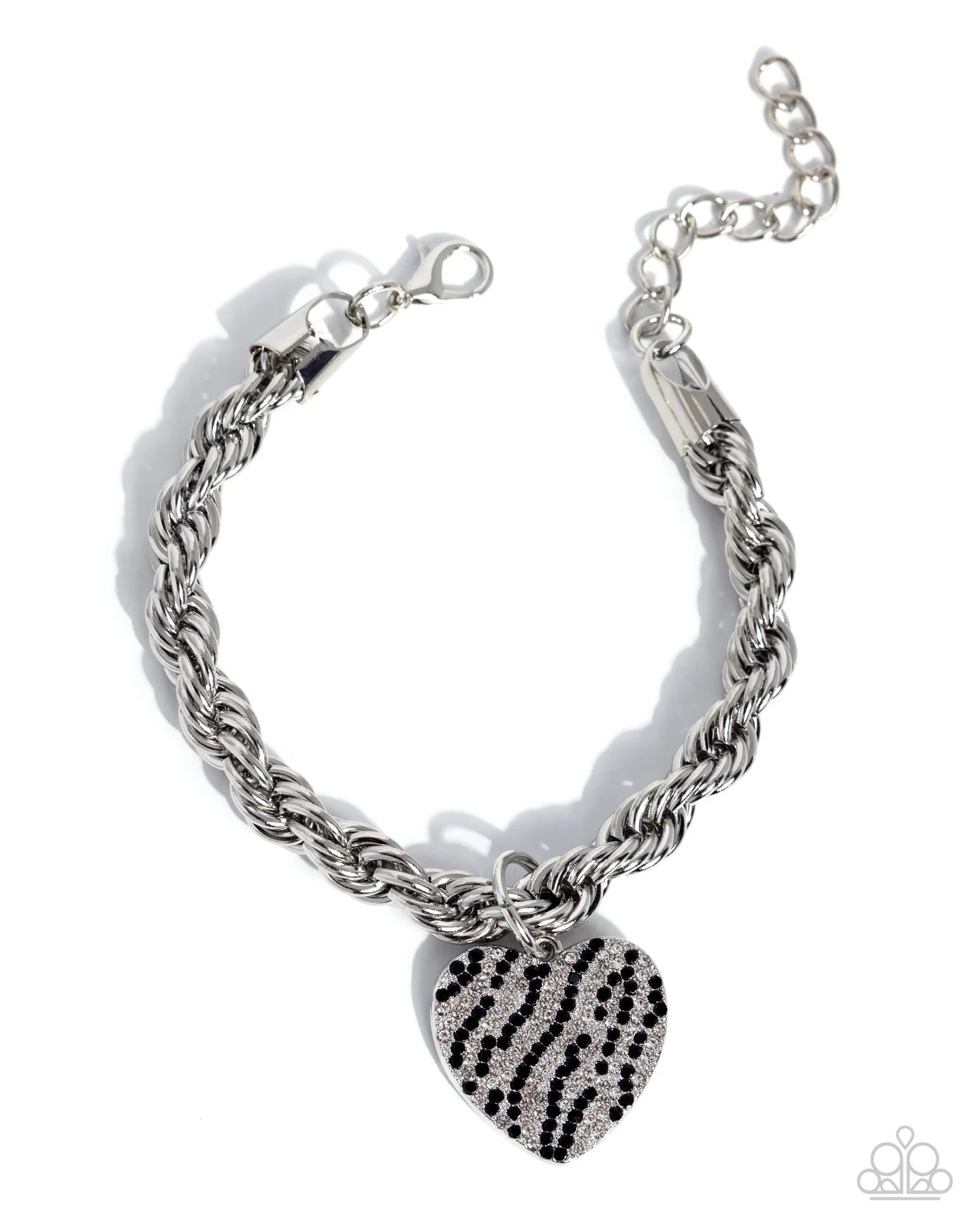 Paparazzi Striped Sentiment - Black & White Rhinestone Striped Silver Heart Bracelet April 2026 Life of the Party B2660