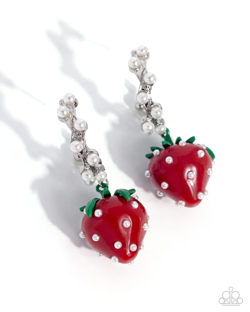 Paparazzi Strawberry Picnic - Red, Green & White Pearl Silver 1 Inch Hoop Earrings April 2026 Life of the Party E3428