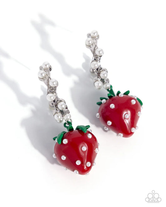 Paparazzi Strawberry Picnic - Red, Green & White Pearl Silver 1 Inch Hoop Earrings April 2026 Life of the Party