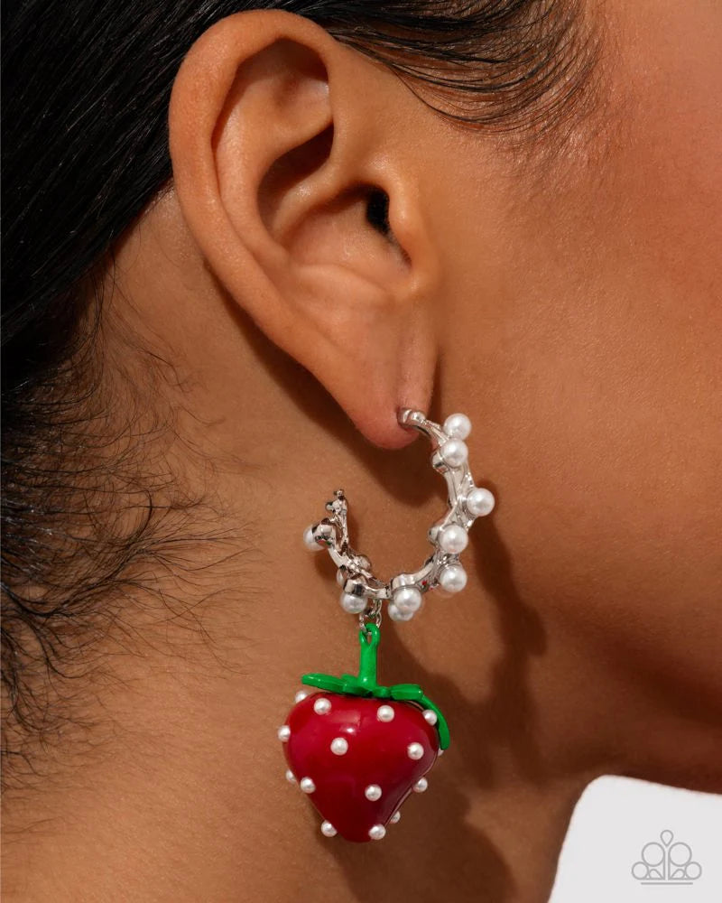 Paparazzi Strawberry Picnic - Red, Green & White Pearl Silver 1 Inch Hoop Earrings April 2026 Life of the Party E3428