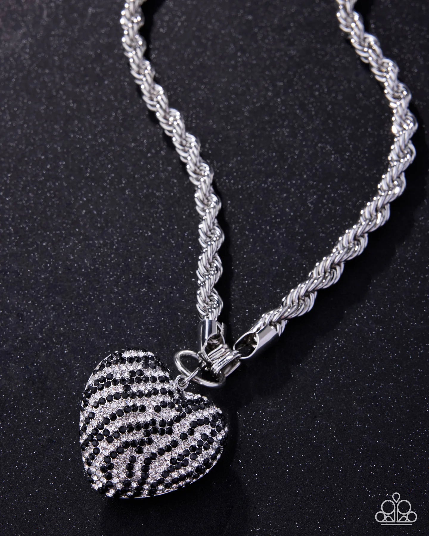 Paparazzi Striped Selfie - Black & White Rhinestone Striped Silver Heart Necklace April 2026 Life of the Party N3818