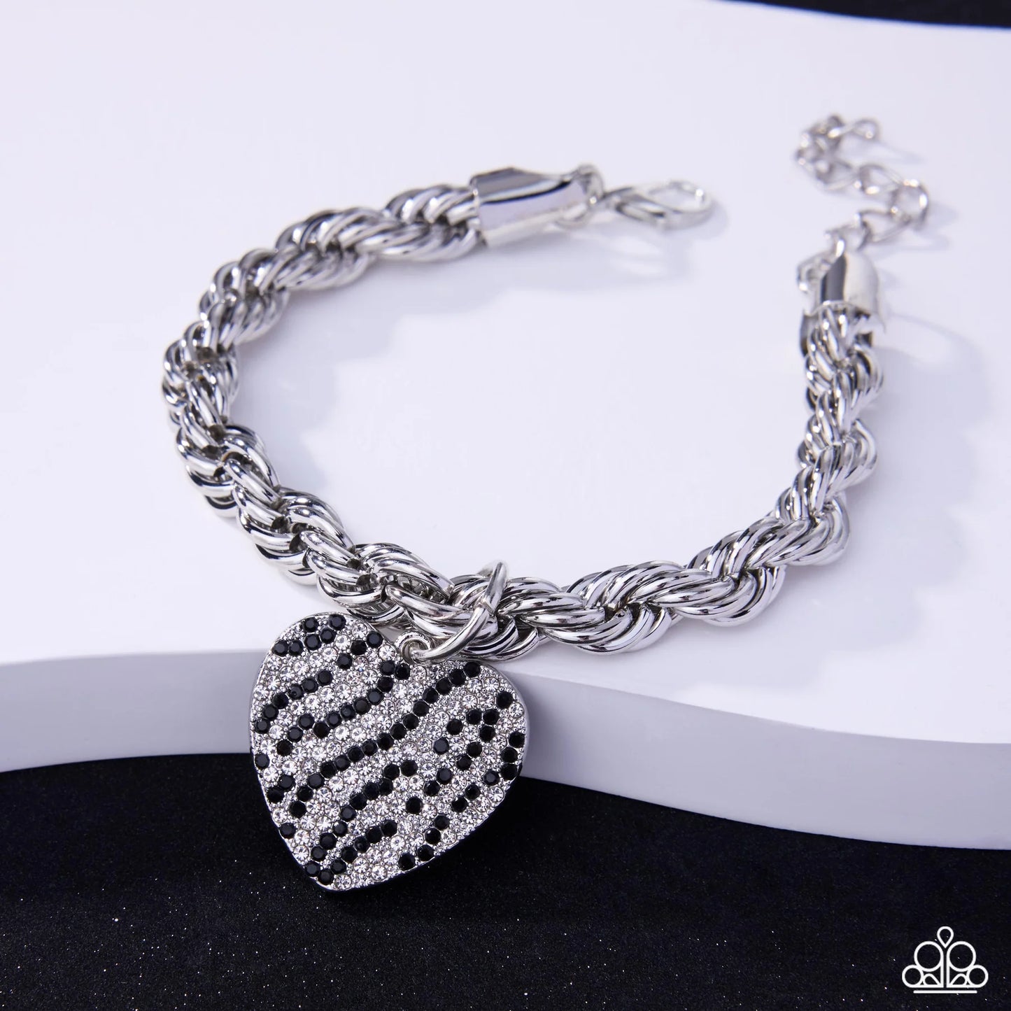 Paparazzi Striped Sentiment - Black & White Rhinestone Striped Silver Heart Bracelet April 2026 Life of the Party B2660