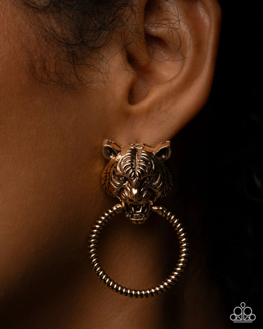 Paparazzi Tangible Tiger - Gold Tiger Door Knocker Earrings June 2026 Life Of The Party