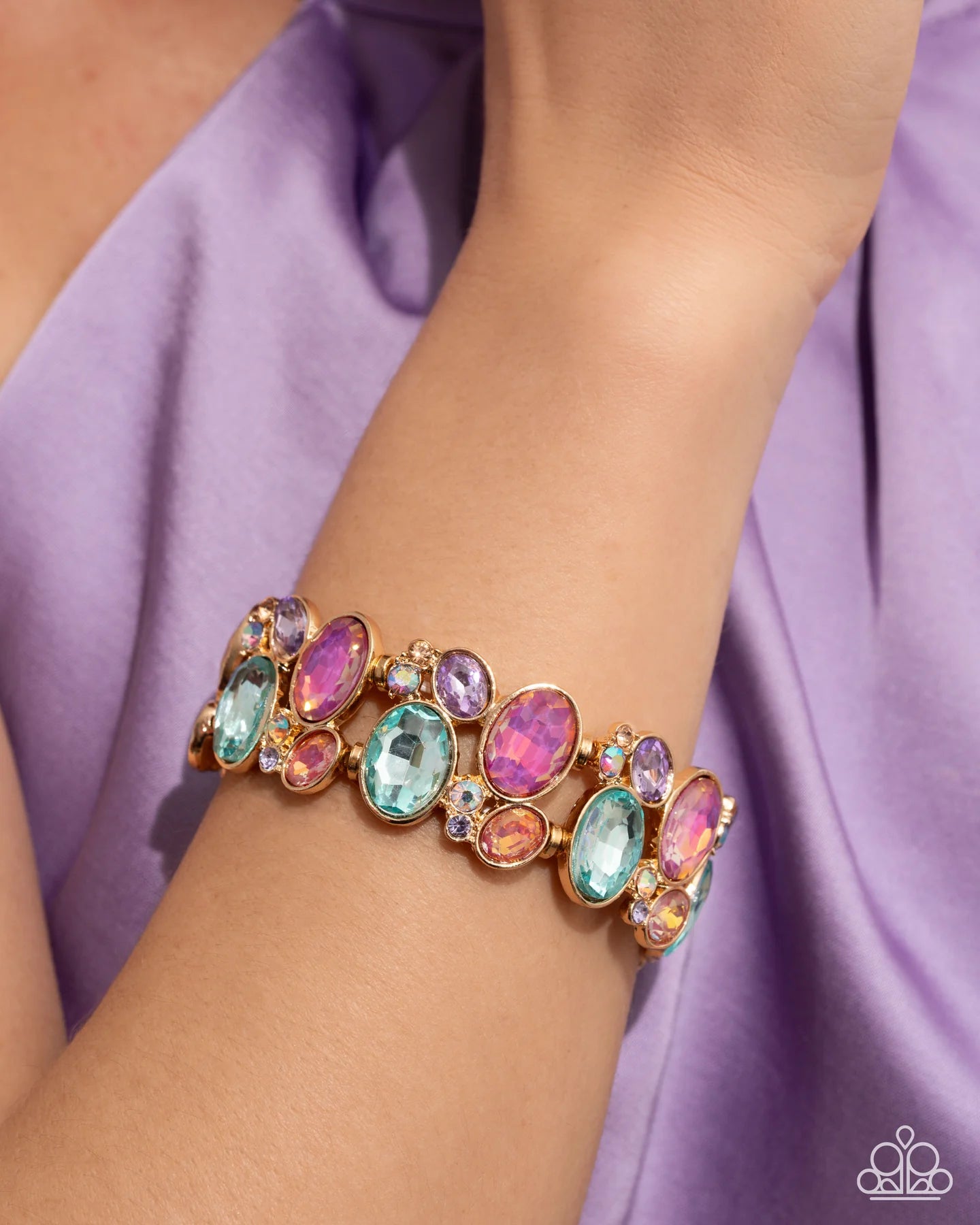 Paparazzi Oval Overture - Multicolored Pink Blue Colorful Gem Gold Stretch Bracelet June 2026 Life Of The Party