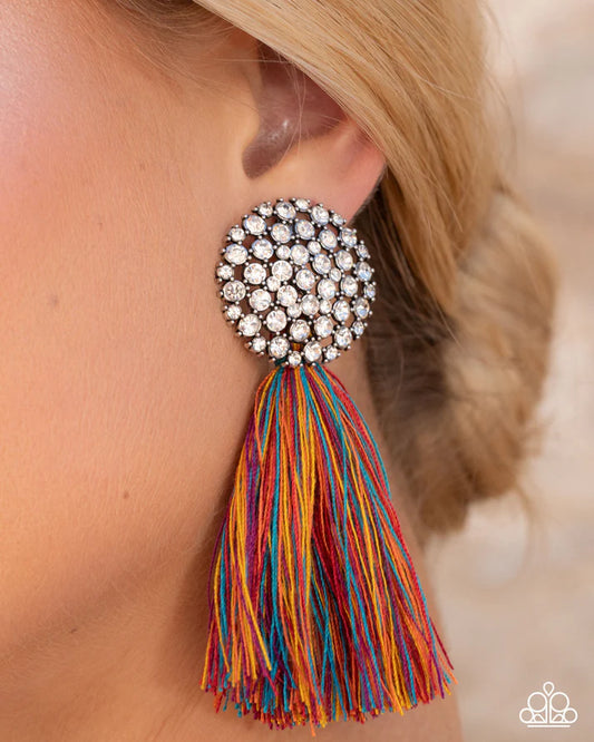 Yarn Yearbook - Multicolored Yarn White Rhinestone Post Earring Meet Your Match 2025 Paparazzi E3007