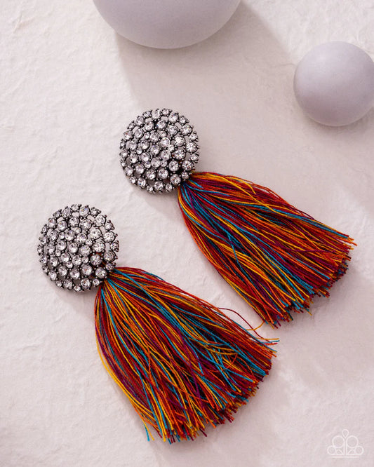 Yarn Yearbook - Multicolored Yarn White Rhinestone Post Earring Meet Your Match 2025 Paparazzi E3007