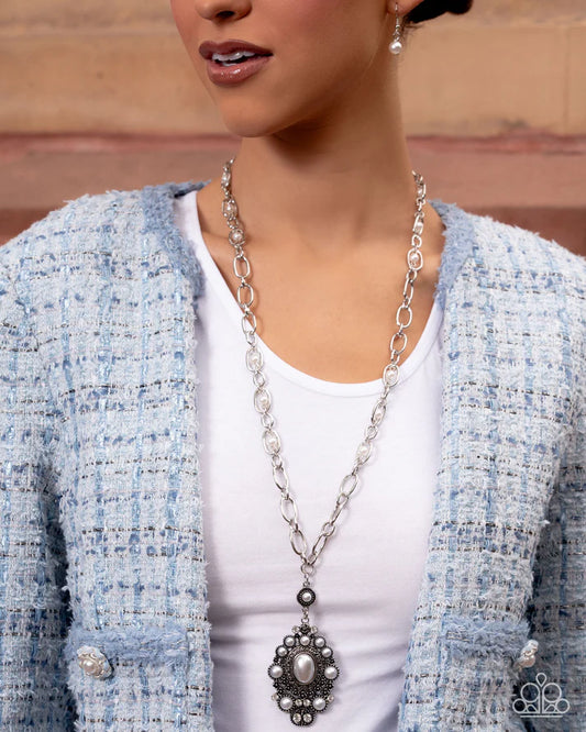 Vintage Selfie - White Pearl Rhinestone Silver Necklace Meet Your Match Fall 2025 Paparazzi N3492