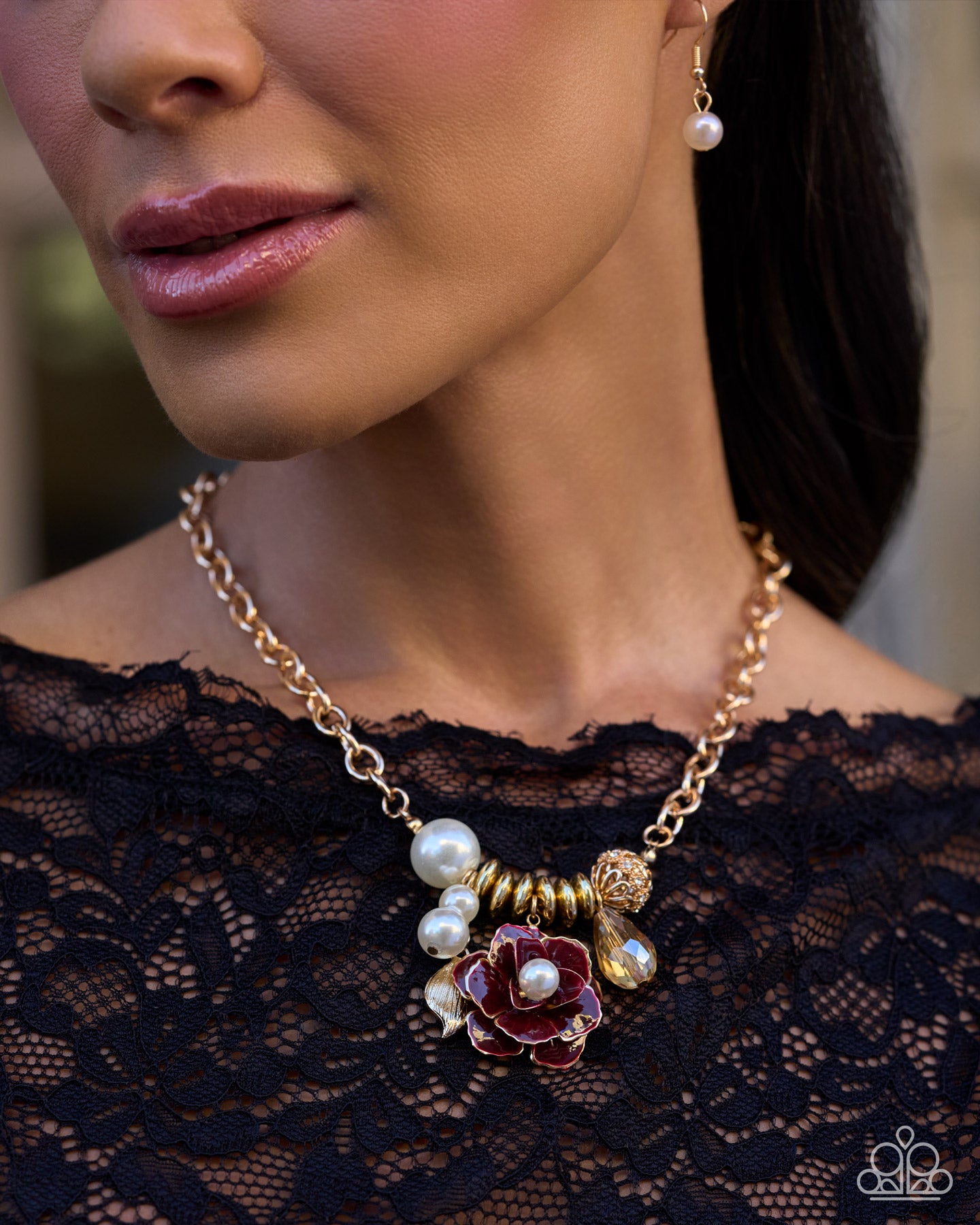 Paparazzi Whimsical Broadcast - Gold & Red Mahogany Rose Necklace