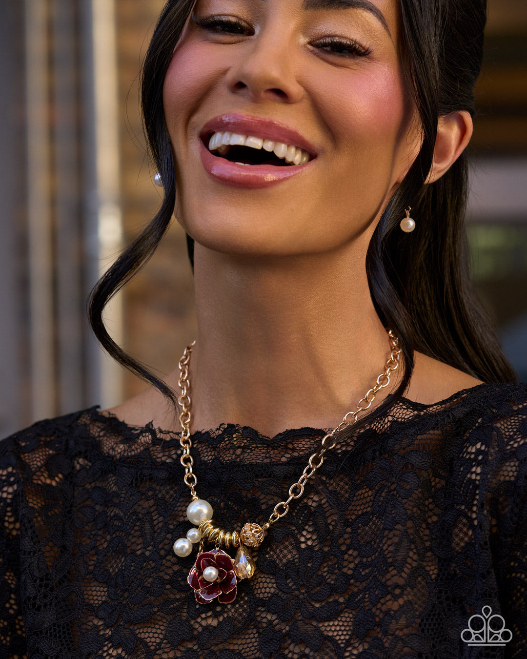 Paparazzi Whimsical Broadcast - Gold & Red Mahogany Rose Necklace