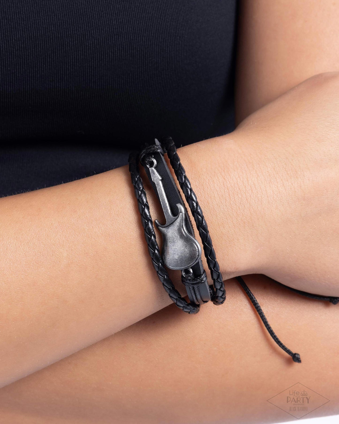 Lead Guitar - Black Braided Leather Cording & Metallic Guitar Charm Urban Bracelet Life Of The Party Black Diamond Encore Paparazzi B2144