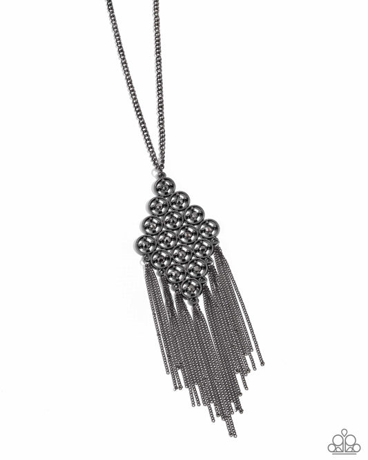 Paparazzi Web Design - Black Gunmetal Hematite Rhinestone Fringe Necklace