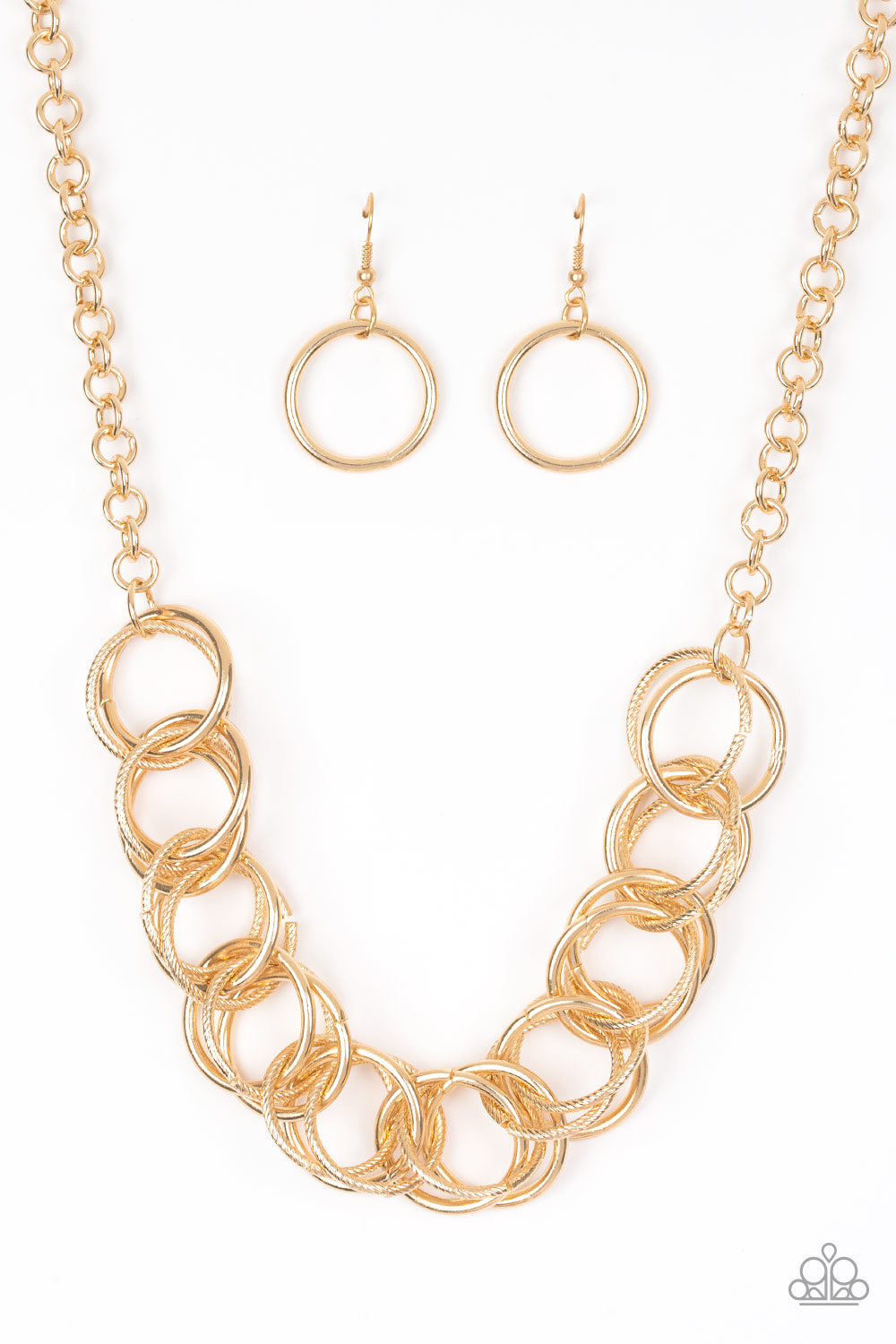 Heavy Metal Hero - Gold Interlocking Rings Bold Statement Necklace Paparazzi N2307