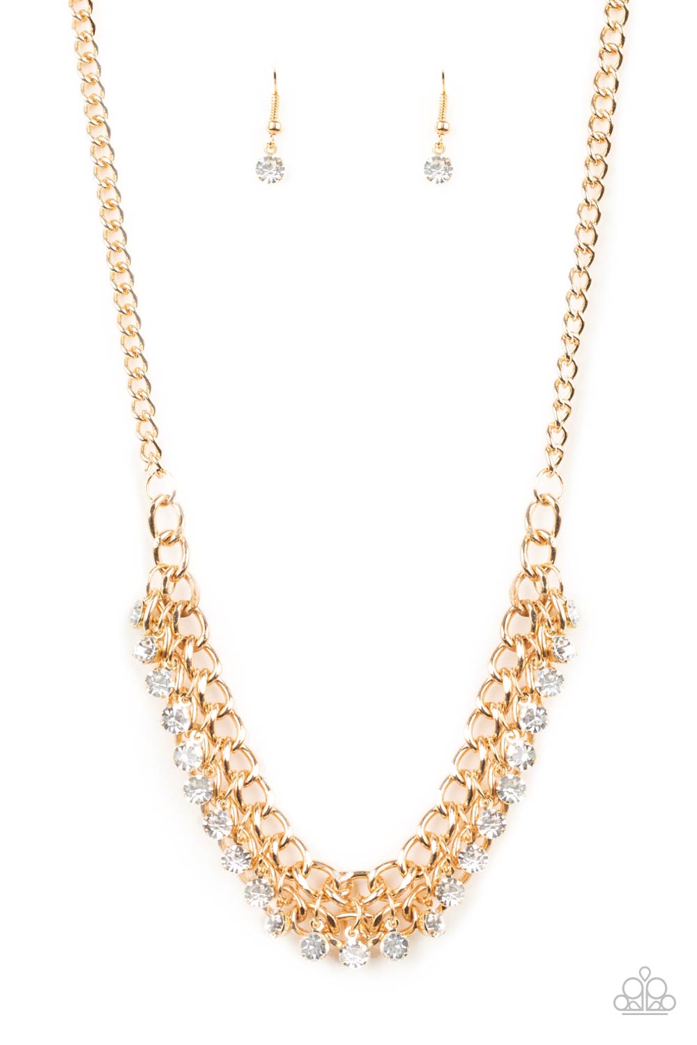 Glow and Grind - Gold Chain White Glittery Rhinestone Necklace Paparazzi N2229