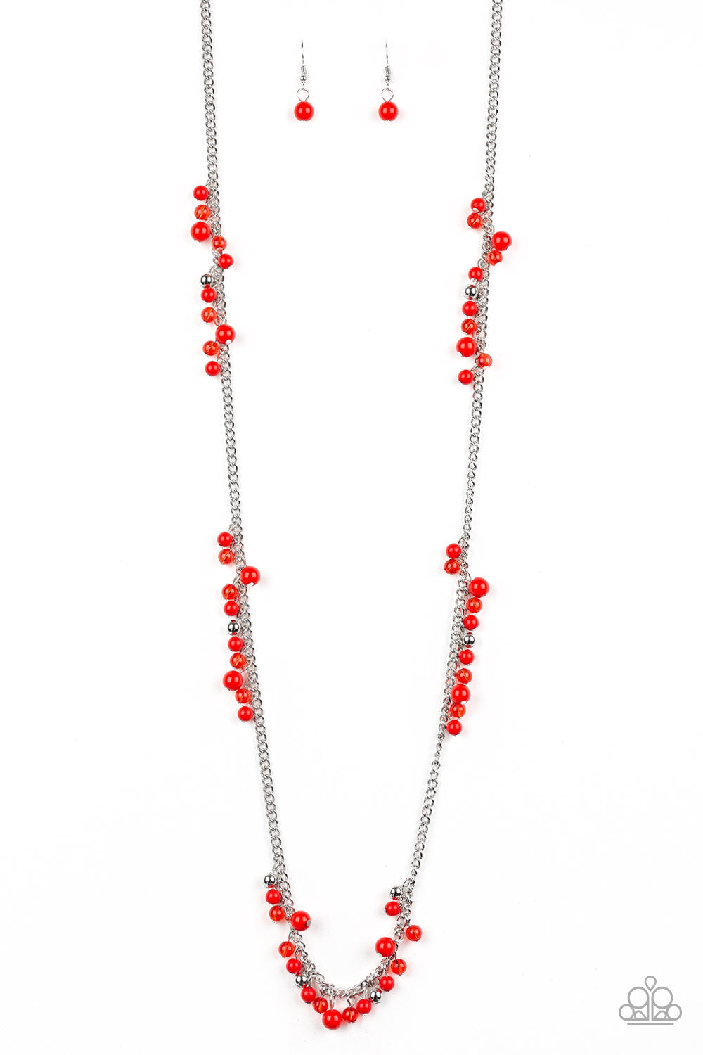 Miami Mojito - Red Glassy & Polished Red bead Silver Chain Long Necklace Paparazzi N2564