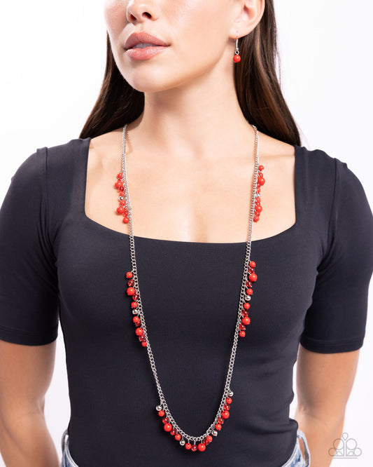 Miami Mojito - Red Glassy & Polished Red bead Silver Chain Long Necklace Paparazzi N2564