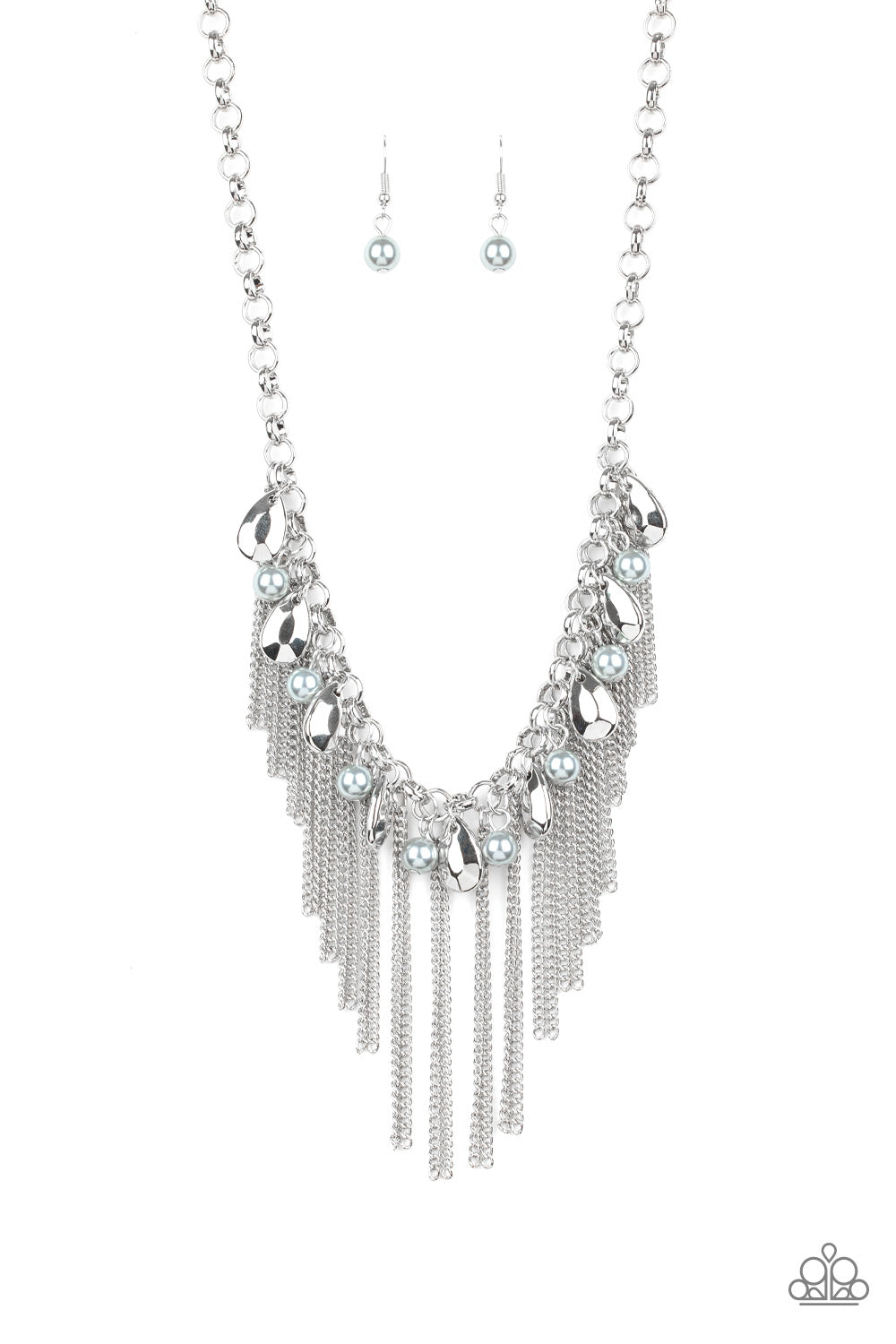 Industrial Intensity - Silver Teardrop, Pearly Bead, And Chain Fringe Necklace Paparazzi N2238