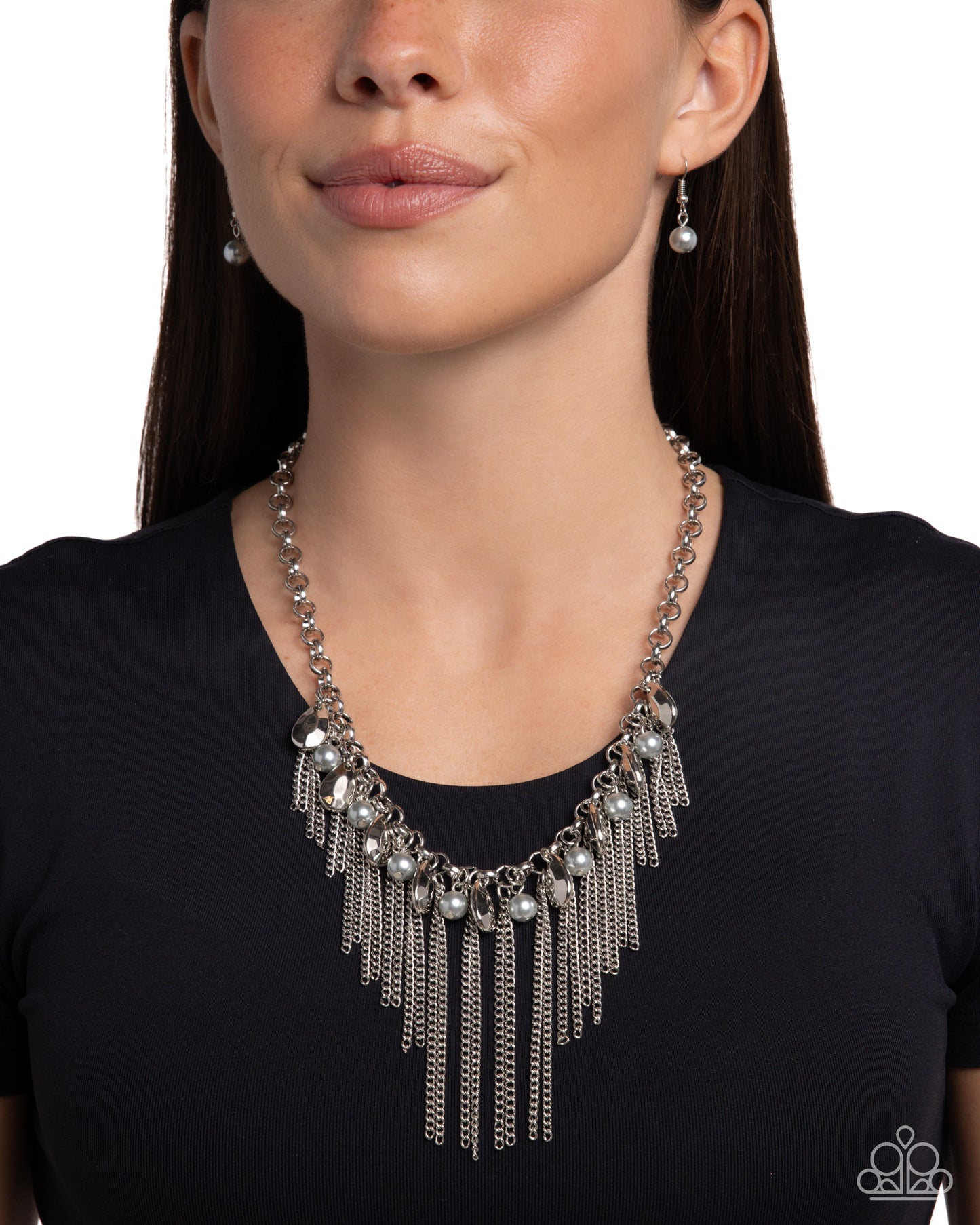 Industrial Intensity - Silver Teardrop, Pearly Bead, And Chain Fringe Necklace Paparazzi N2238