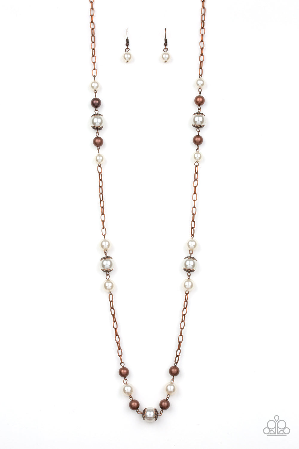 Wall Street Waltz - Copper Antiqued Bead & White Pearl Long Necklace Paparazzi N2276