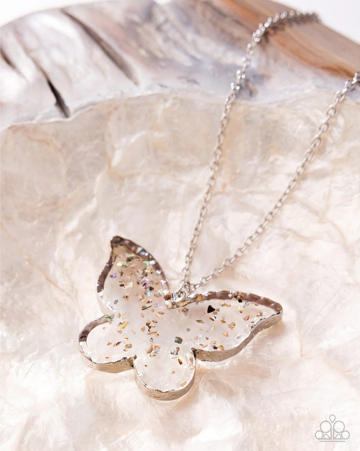 Paparazzi Skyward Shells Silver Acrylic Butterfly Necklace Gimme The Glitz 2025 N3946