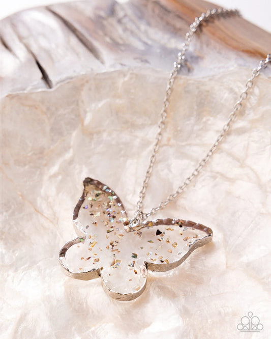 Paparazzi Skyward Shells Silver Acrylic Butterfly Necklace Gimme The Glitz 2025 N3946