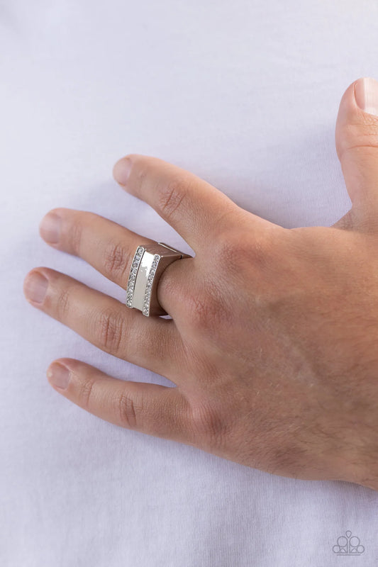 Paparazzi Victory - White Rhinestone Silver Men's Urban Ring R1244