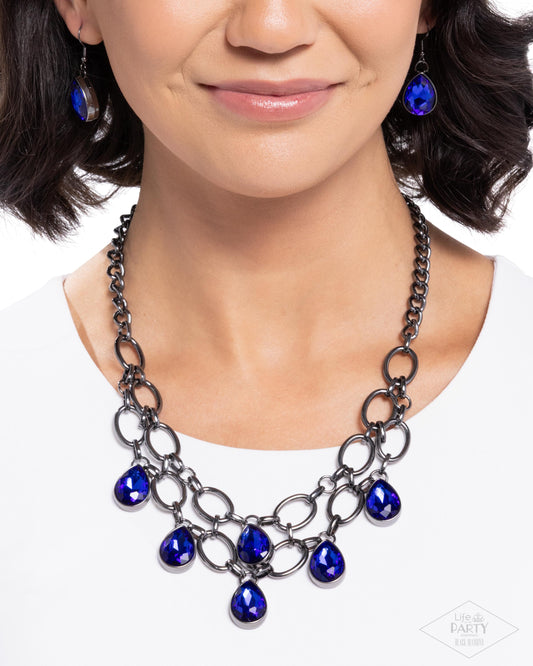 Paparazzi Show-Stopping Shimmer - Blue Teardrop Gem Gunmetal Layered Necklace Life Of The Party Black Diamond Encore