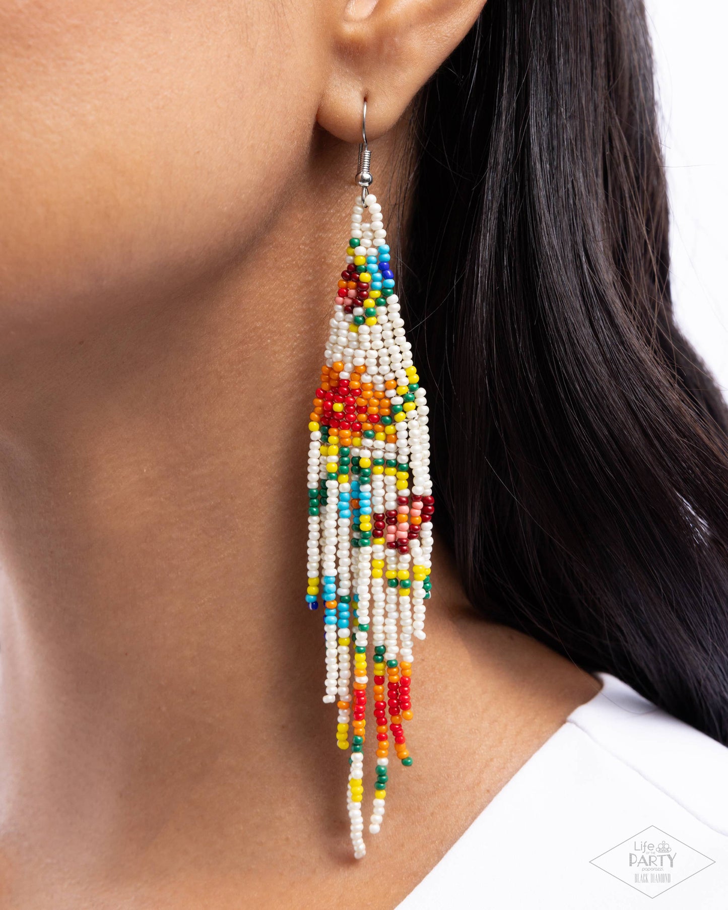 Beaded Gardens - White, Yellow, Green, Blue, Red, Orange Seed Bead Fringe Earring Life Of The Party Black Diamond Encore Paparazzi E2663