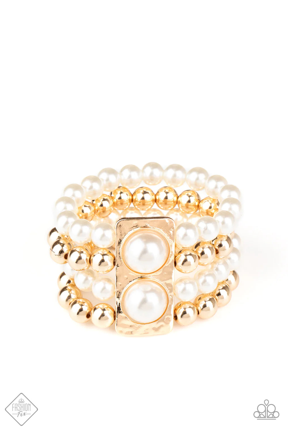 Wealth Conscious Gold White Pearl Stretch Bracelet Fashion Fix October 2020 Paparazzi B1471